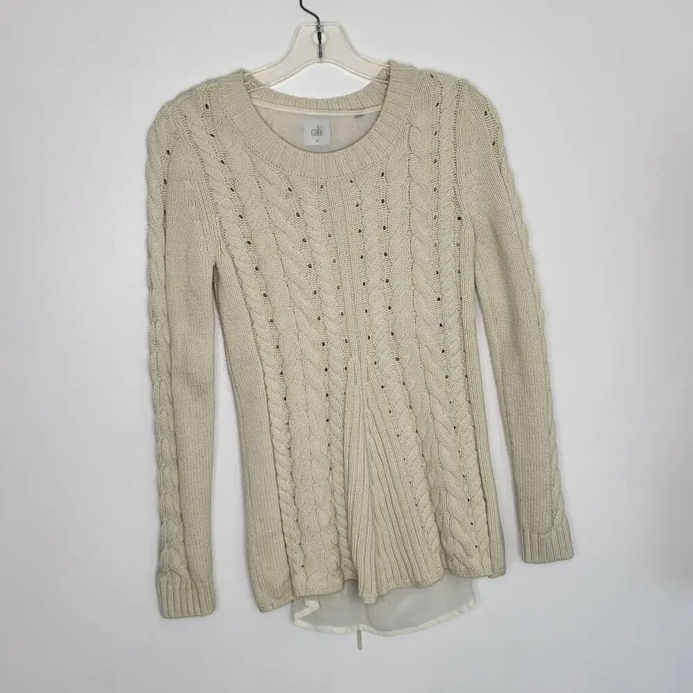 CAbi Cable Knit Sweater Cream Lace Up Mixed Media Cotton 3157 Women XS